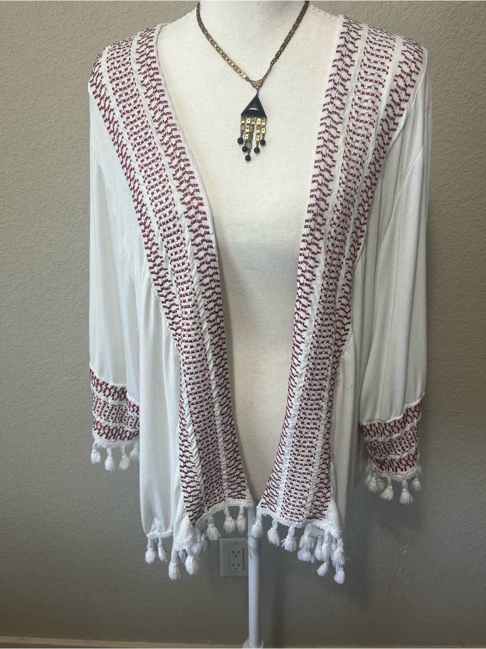 Pol Boho Tassel Open Front Cardigan - White with Rust Embroidery
